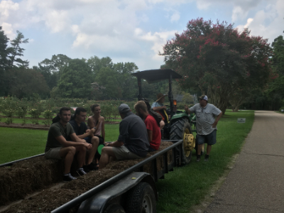 Group of people on tractor and trailor.
